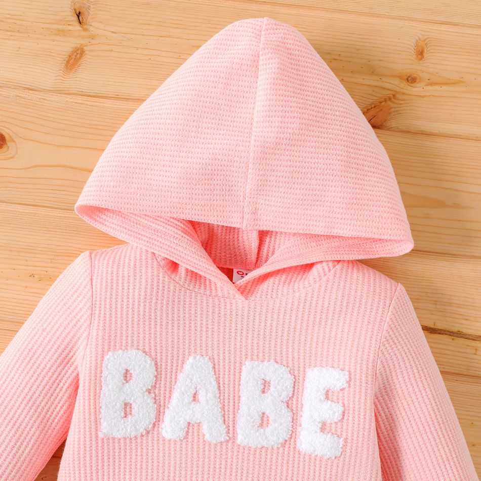 Baby Boy/Girl Letter Embroidered Waffle Textured Long-sleeve Hooded Jumpsuit Pink big image 4
