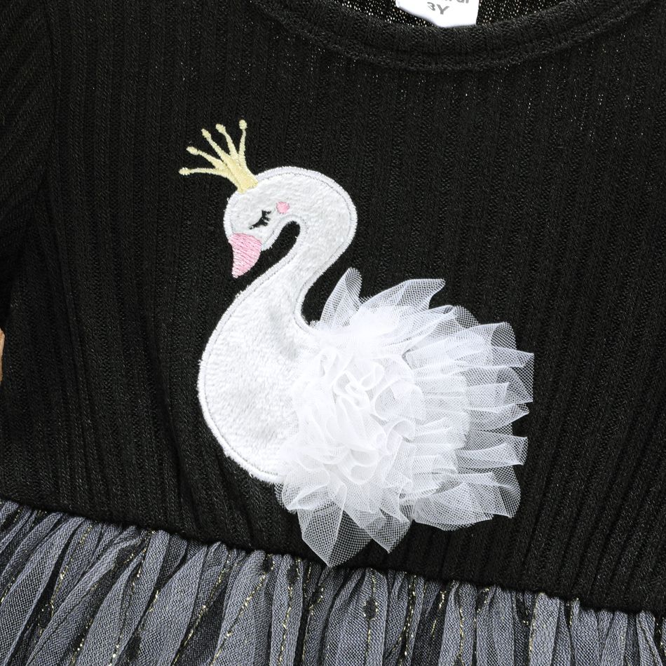 Toddler Girl Swan Embroidered Mesh Splice Long-sleeve Dress Black big image 3