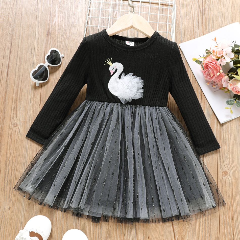 Toddler Girl Swan Embroidered Mesh Splice Long-sleeve Dress Black