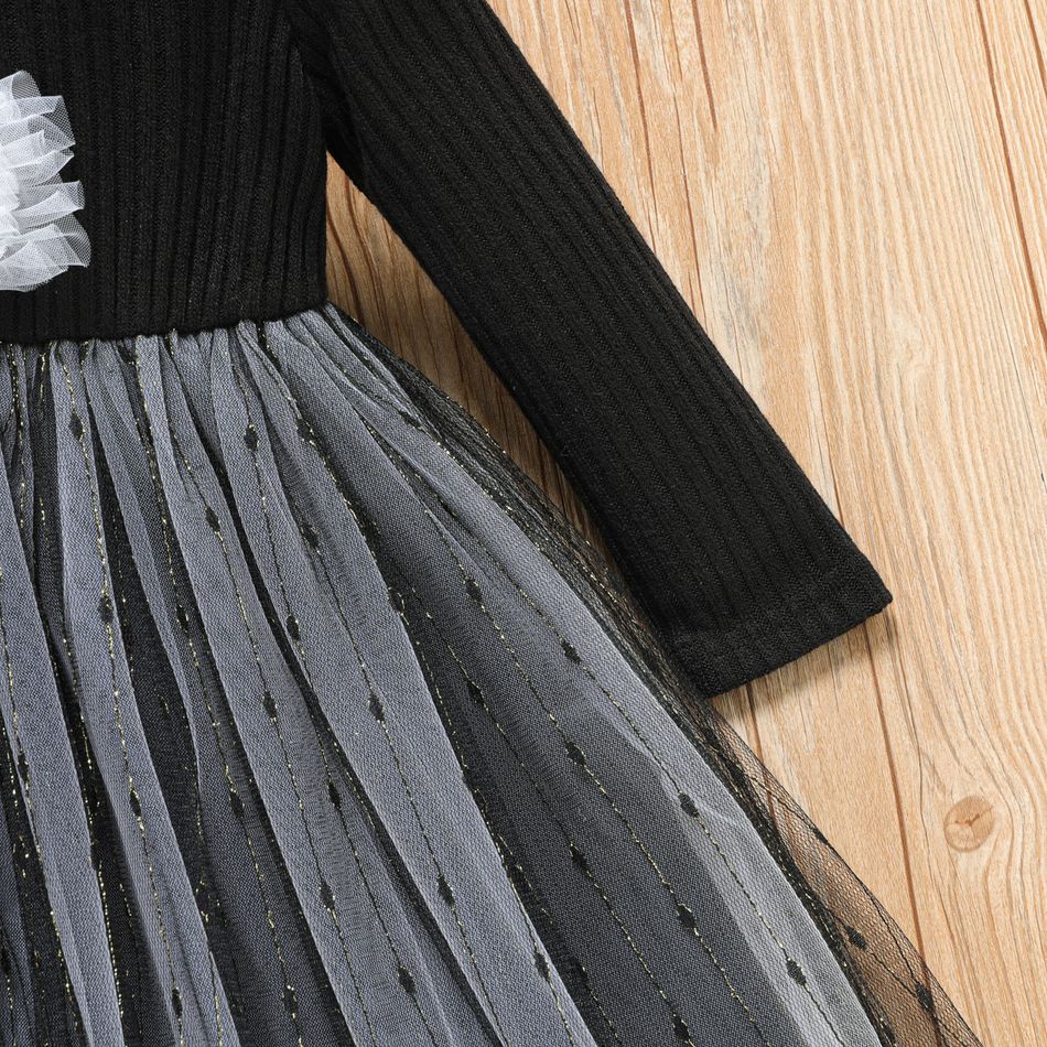 طفلة صغيرة بجعة مطرزة شبكة لصق فستان طويل الأكمام أسود big image 5