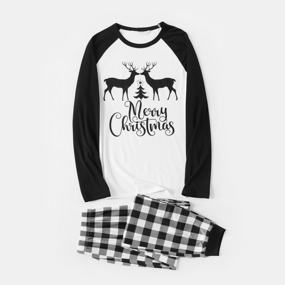 Christmas Family Matching Reindeer & Letter Print Black Raglan-sleeve Plaid Pajamas Sets (Flame Resistant) BlackandWhite big image 13