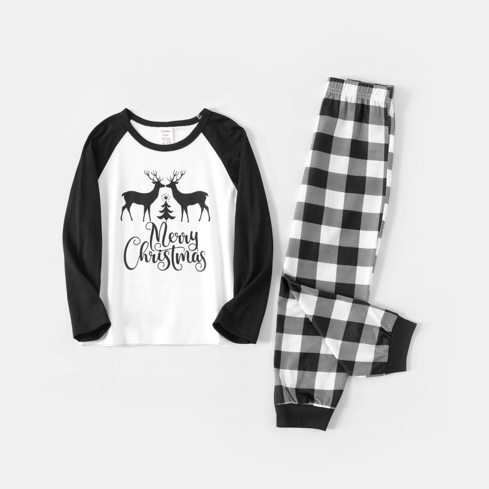 Christmas Family Matching Reindeer & Letter Print Black Raglan-sleeve Plaid Pajamas Sets (Flame Resistant) BlackandWhite big image 11