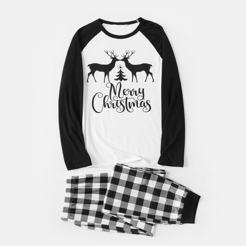 Christmas Family Matching Reindeer & Letter Print Black Raglan-sleeve Plaid Pajamas Sets (Flame Resistant) BlackandWhite big image 8