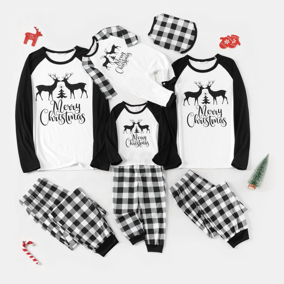 Christmas Family Matching Reindeer & Letter Print Black Raglan-sleeve Plaid Pajamas Sets (Flame Resistant) BlackandWhite big image 1