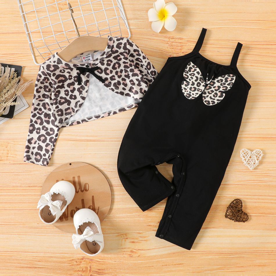 2pcs Baby Girl 95% Cotton Butterfly Print Cami Jumpsuit with Leopard Long-sleeve Cardigan Set ColorBlock big image 1