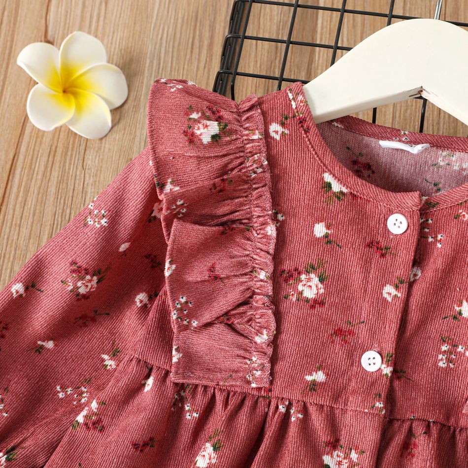 Toddler Girl Sweet Floral Print Ruffled Long-sleeve Corduroy Dress DarkPink big image 4