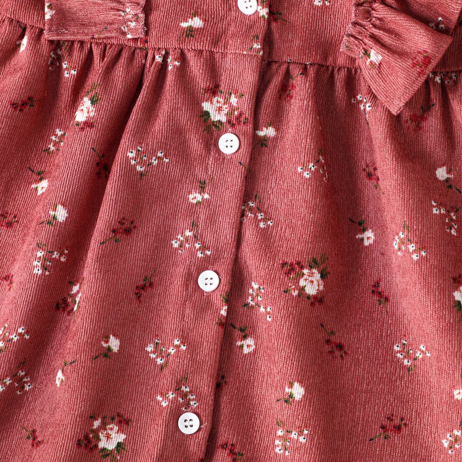 Toddler Girl Sweet Floral Print Ruffled Long-sleeve Corduroy Dress DarkPink