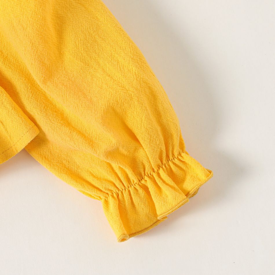 2pcs Baby Girl 100% Cotton Off Shoulder Long-sleeve Shirred Ruffle Top and Colorful Striped Pants Set TenderYellow big image 4