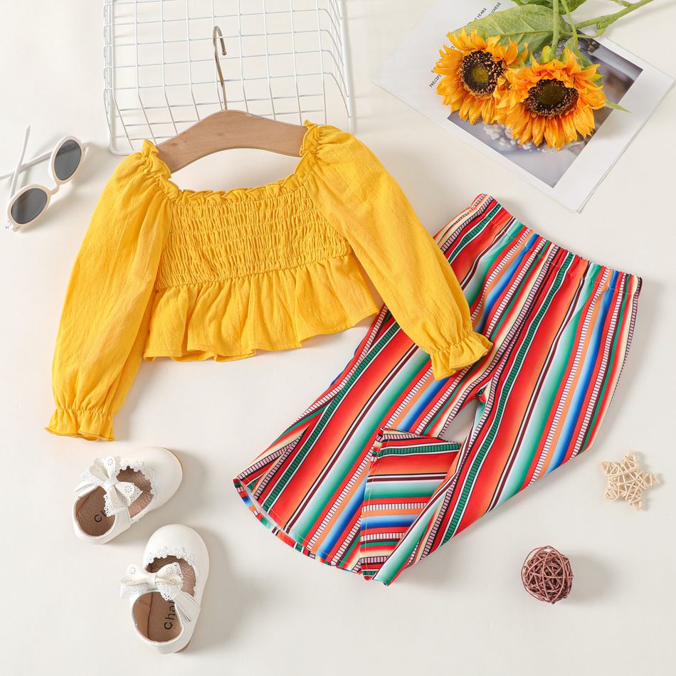 2pcs Baby Girl 100% Cotton Off Shoulder Long-sleeve Shirred Ruffle Top and Colorful Striped Pants Set TenderYellow big image 1