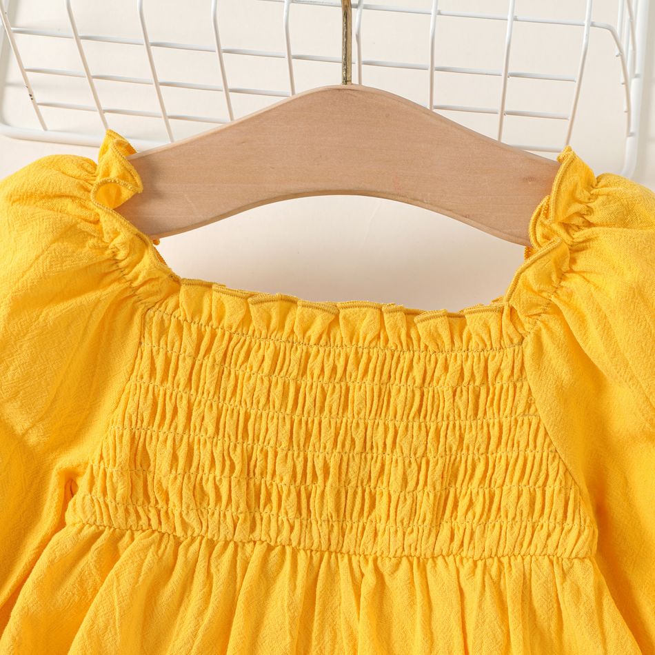 2pcs Baby Girl 100% Cotton Off Shoulder Long-sleeve Shirred Ruffle Top and Colorful Striped Pants Set TenderYellow big image 3