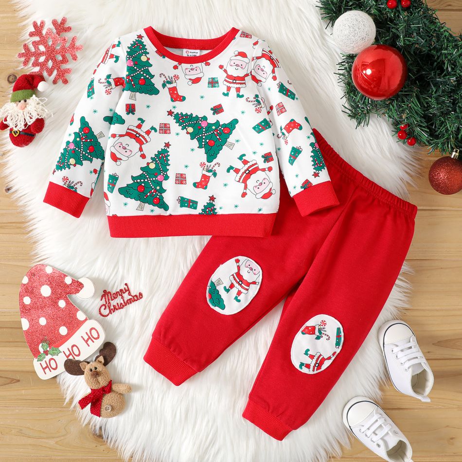 Christmas 2pcs Baby Boy Allover Xmas Tree & Santa Claus Print Long-sleeve Sweatshirt and Sweatpants Set REDWHITE big image 1