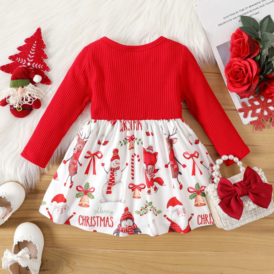 Christmas Baby Girl Red Rib Knit Long-sleeve Faux-two Allover Print Bow Front Dress REDWHITE big image 2