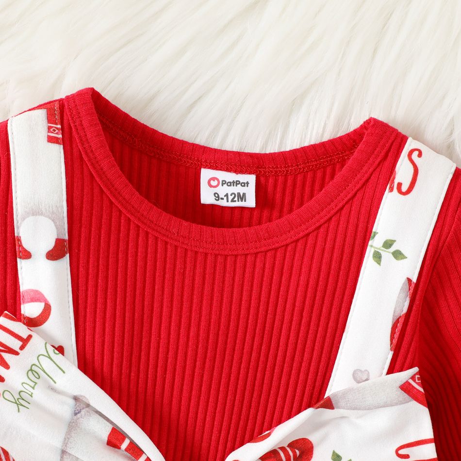 Christmas Baby Girl Red Rib Knit Long-sleeve Faux-two Allover Print Bow Front Dress REDWHITE big image 3