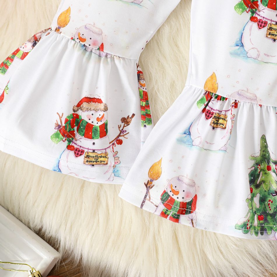 Christmas 2pcs Baby Girl 100% Cotton Frill Trim Bow Front Long-sleeve Shirred Crop Top and Allover Snowman Print Flared Pants Set Red