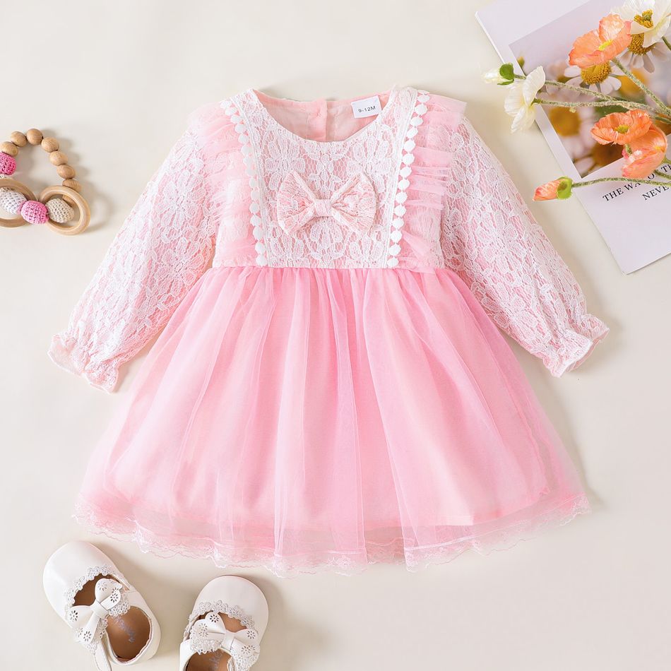 Baby Girl Lace and Mesh Layered Bow Decor Long-sleeve Pink Dress Pink