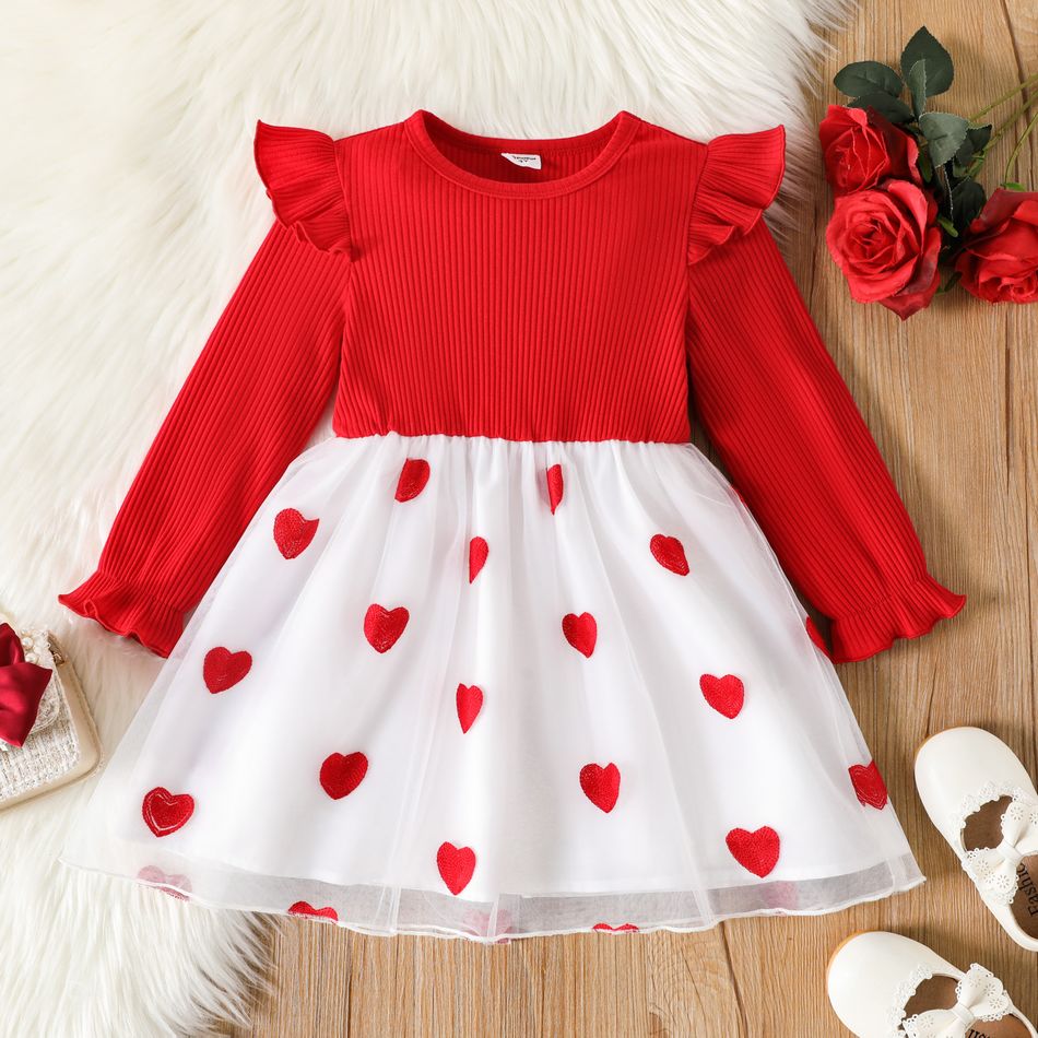Toddler Girl Valentine's Day Heart Embroidered Ribbed Mesh Splice Ruffled Long-sleeve Dress ColorBlock