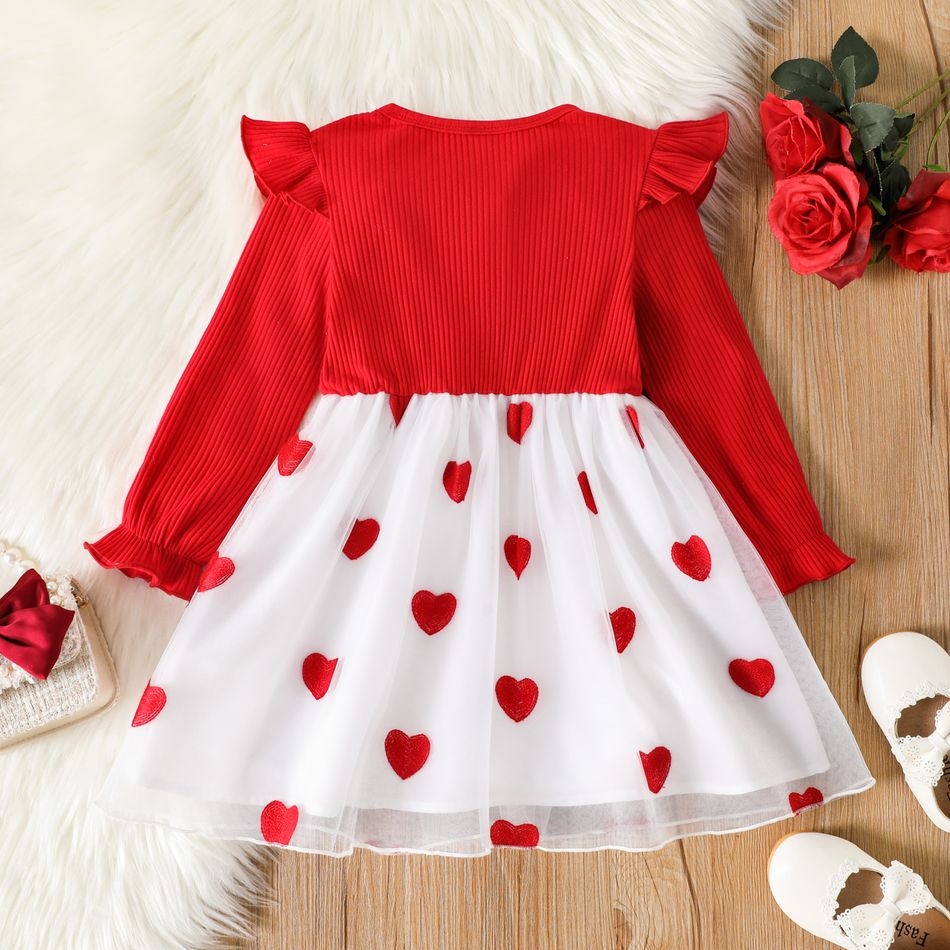 Toddler Girl Valentine's Day Heart Embroidered Ribbed Mesh Splice Ruffled Long-sleeve Dress ColorBlock big image 2
