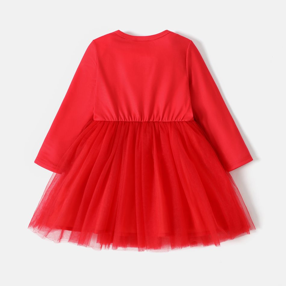 باربي طفل صغير فتاة عيد الميلاد شخصية طباعة شبكة لصق فستان طويل الأكمام أحمر big image 2