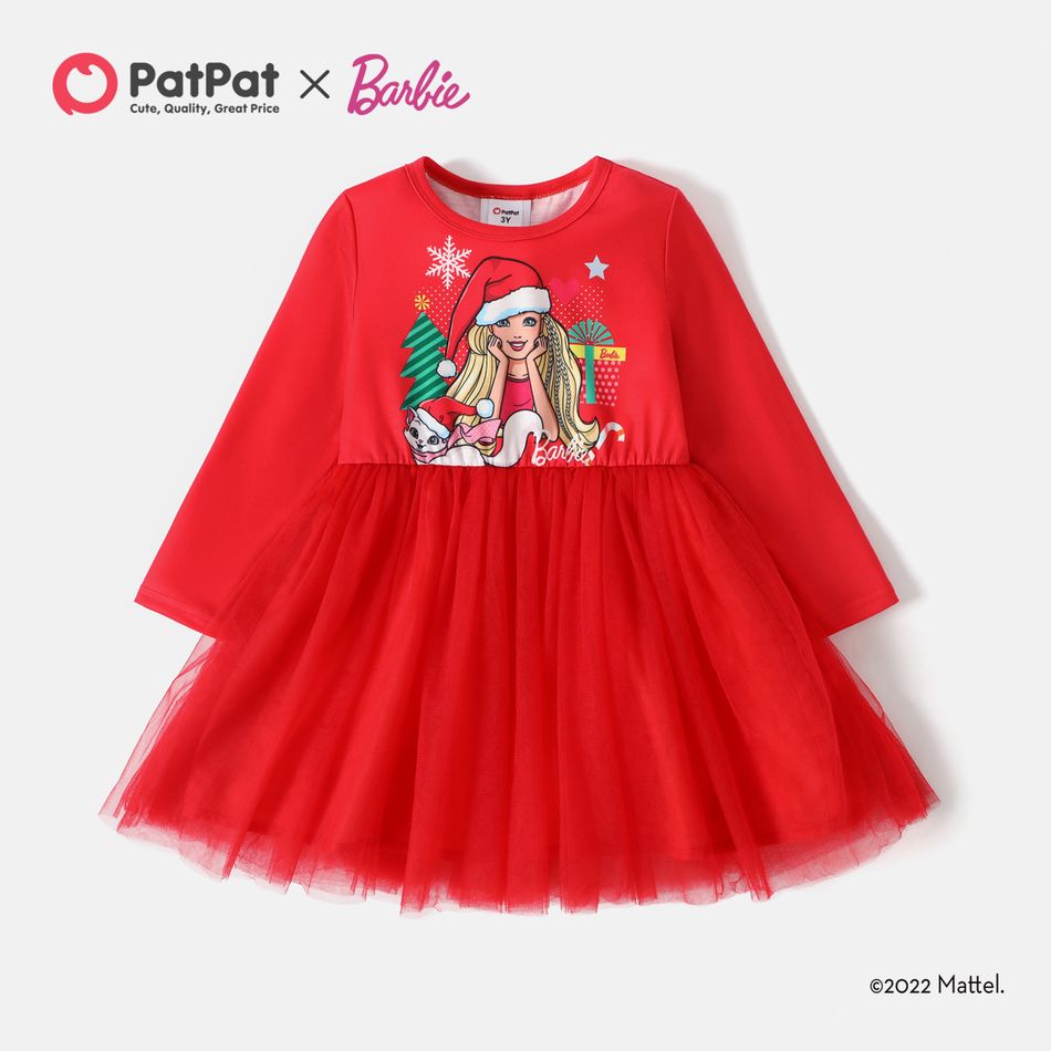 Barbie Toddler Girl Christmas Character Print Mesh Splice Long-sleeve Dress Red big image 1