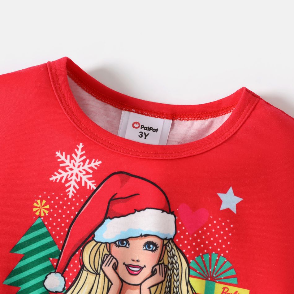 باربي طفل صغير فتاة عيد الميلاد شخصية طباعة شبكة لصق فستان طويل الأكمام أحمر big image 4