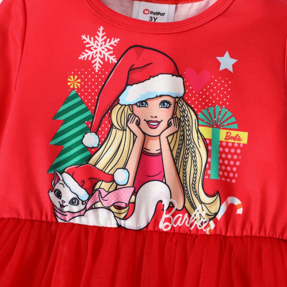 Barbie Toddler Girl Christmas Character Print Mesh Splice Long-sleeve Dress Red big image 3