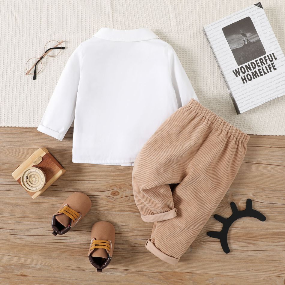 2pcs Baby Boy 100% Cotton Long-sleeve Faux-two Plaid Waistcoat Shirt and Solid Corduroy Pants Set Brown big image 2