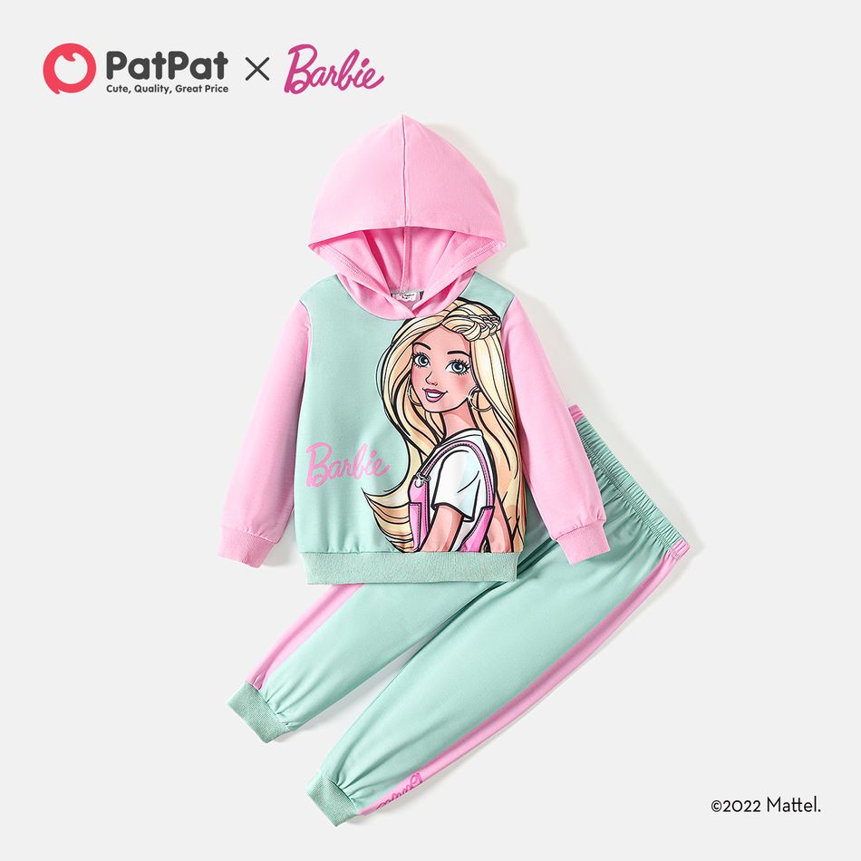 Barbie 2pcs Toddler Girl Character Print Colorblock Hoodie Sweatshirt and Pants Set Mint Green big image 2