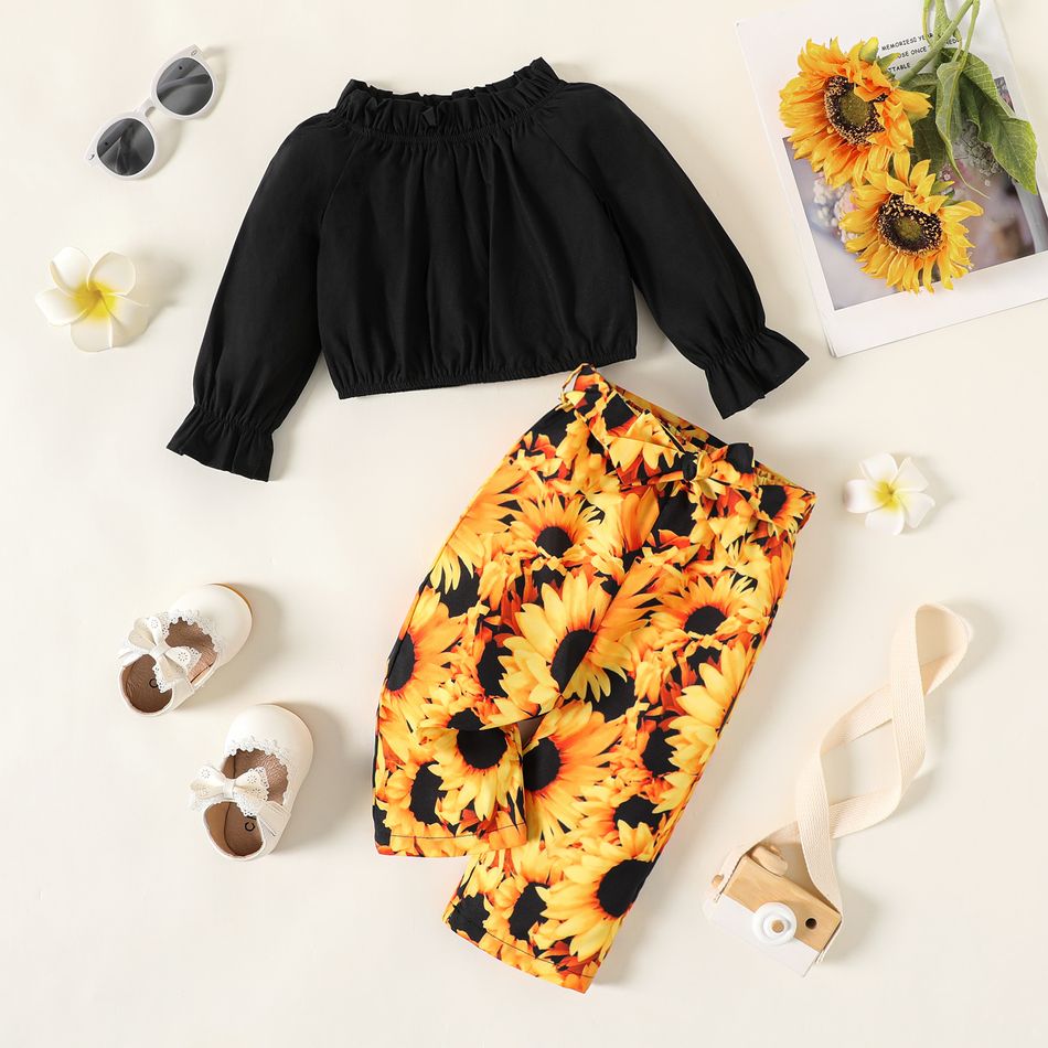 2pcs Baby Girl 100% Cotton Frill Trim Long-sleeve Crop Top and Allover Sunflower Print Belted Pants Set Black