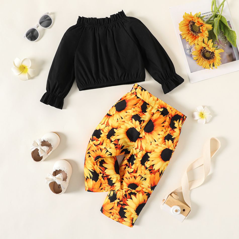 2pcs Baby Girl 100% Cotton Frill Trim Long-sleeve Crop Top and Allover Sunflower Print Belted Pants Set Black big image 2