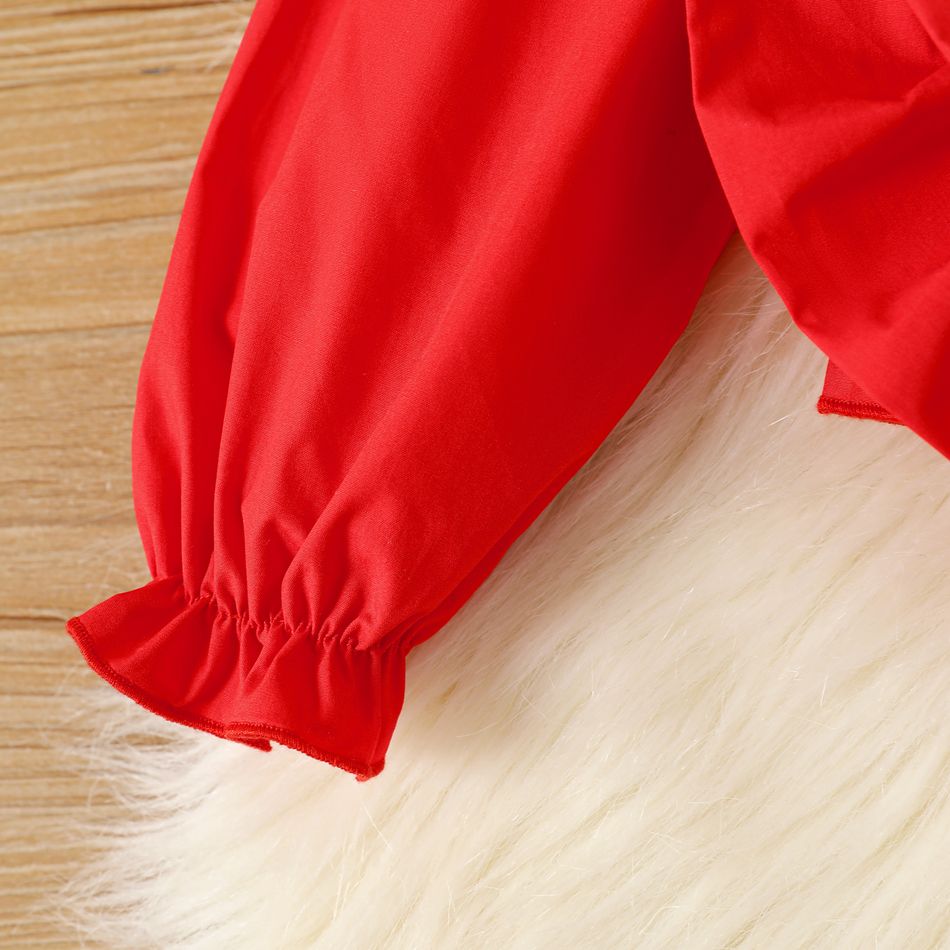عيد الميلاد 2 قطعة طفلة 100٪ قطن مكشكش مزين بفيونكة أمامية طويلة الأكمام shirred محصول علوي وكل انحاء ثلج طباعة مجموعة سروال متوهج أحمر big image 4