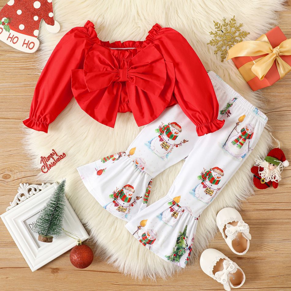 Christmas 2pcs Baby Girl 100% Cotton Frill Trim Bow Front Long-sleeve Shirred Crop Top and Allover Snowman Print Flared Pants Set Red