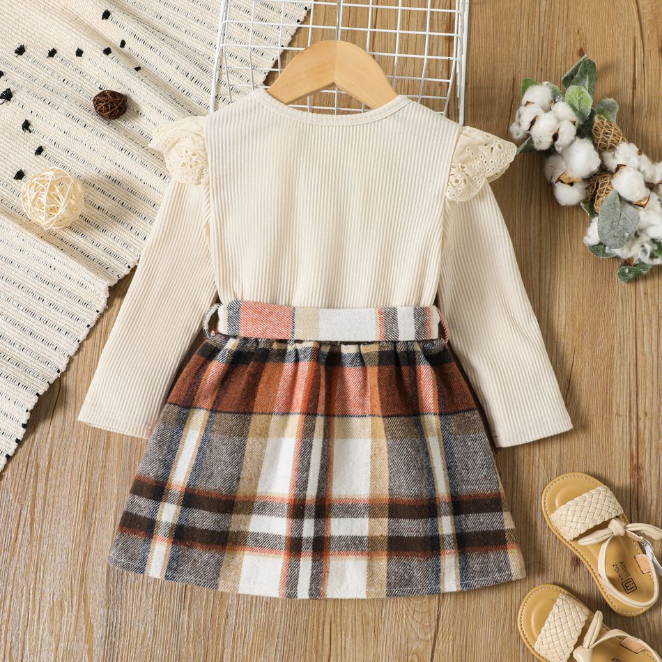 2pcs Toddler Girl Ruffled Long-sleeve Tee and Button Design Plaid Belted Skirt Set Apricot big image 2