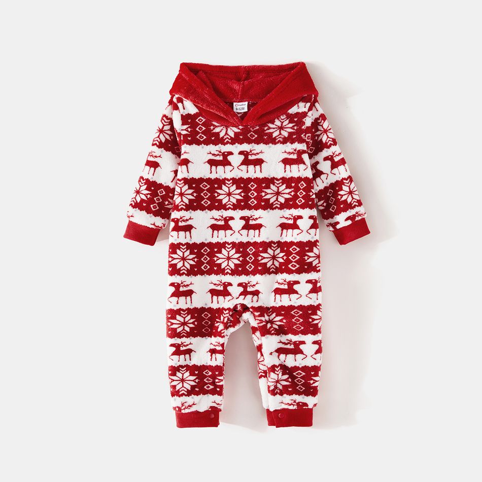 Christmas Family Matching Allover Deer & Snowflake Print Red Long-sleeve Fleece Hoodies REDWHITE big image 10