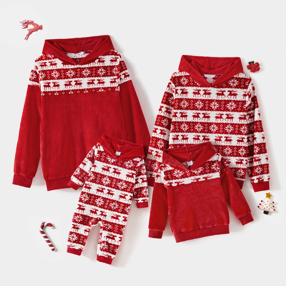 Christmas Family Matching Allover Deer & Snowflake Print Red Long-sleeve Fleece Hoodies REDWHITE big image 2