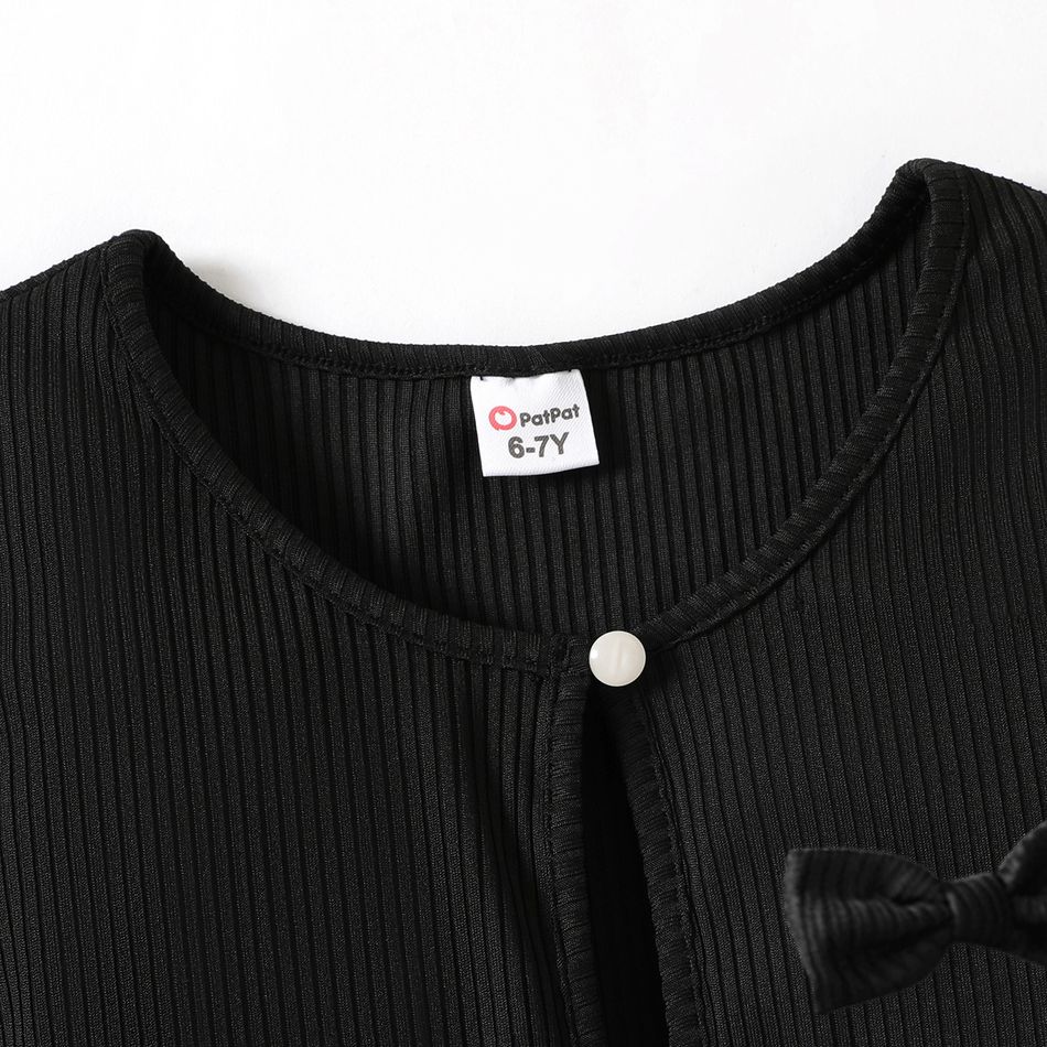 2pcs Kid Girl Plaid Faux Belt Design Sleeveless Dress and Black Cardigan Set Black big image 4