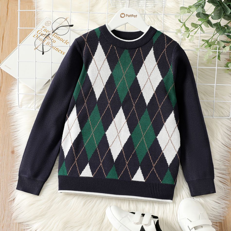 Kid Boy Christmas Checkered Knit Sweater royalblue big image 1