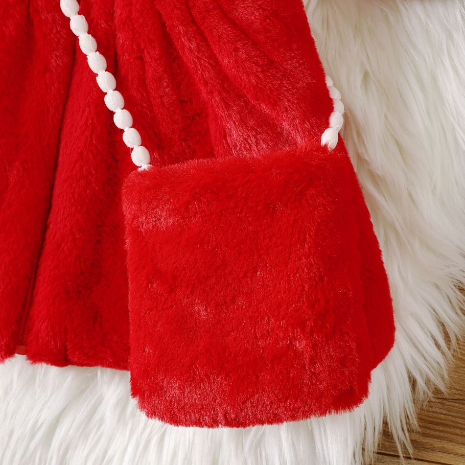 Christmas 2pcs Baby Girl Deer Antler Hooded Sleeveless Thermal Fuzzy Dress Coat with Crossbody Bag Set Red big image 5