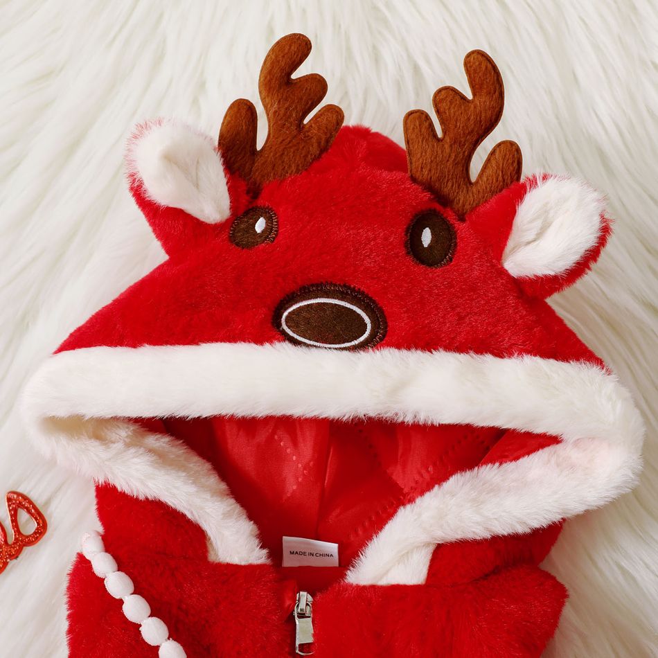 Christmas 2pcs Baby Girl Deer Antler Hooded Sleeveless Thermal Fuzzy Dress Coat with Crossbody Bag Set Red big image 3