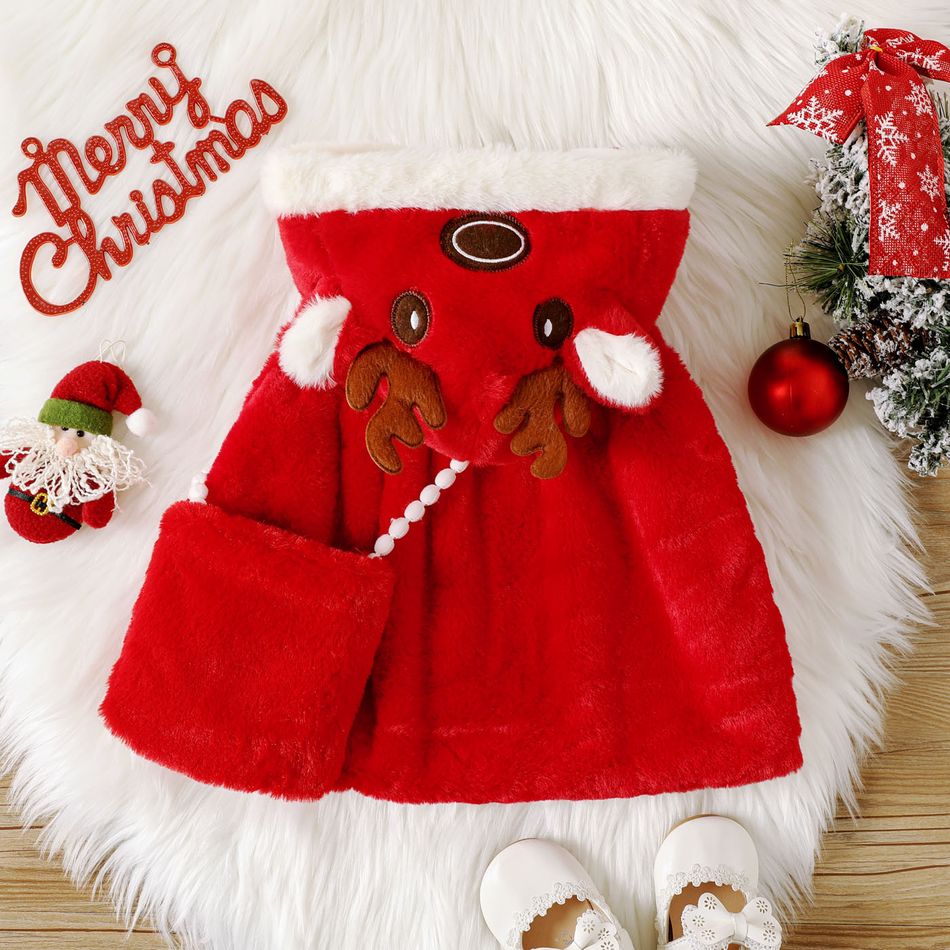 Christmas 2pcs Baby Girl Deer Antler Hooded Sleeveless Thermal Fuzzy Dress Coat with Crossbody Bag Set Red big image 2