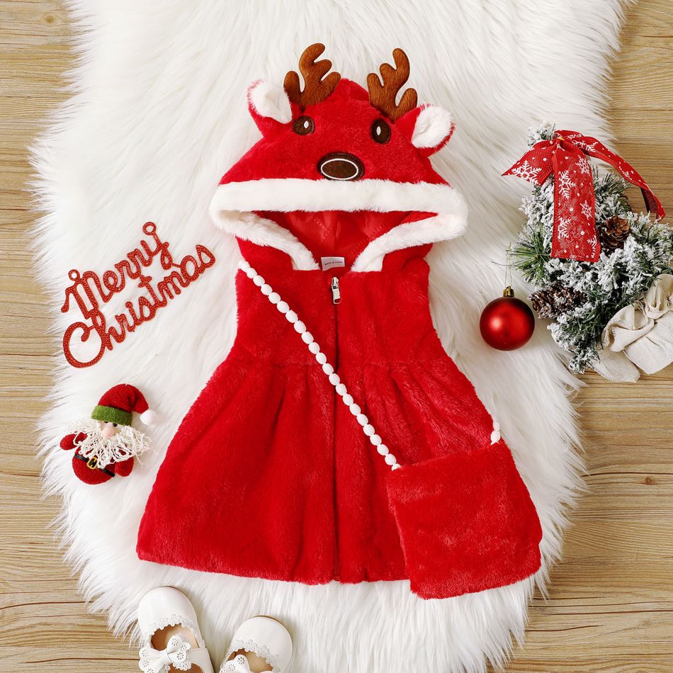 Christmas 2pcs Baby Girl Deer Antler Hooded Sleeveless Thermal Fuzzy Dress Coat with Crossbody Bag Set Red big image 1
