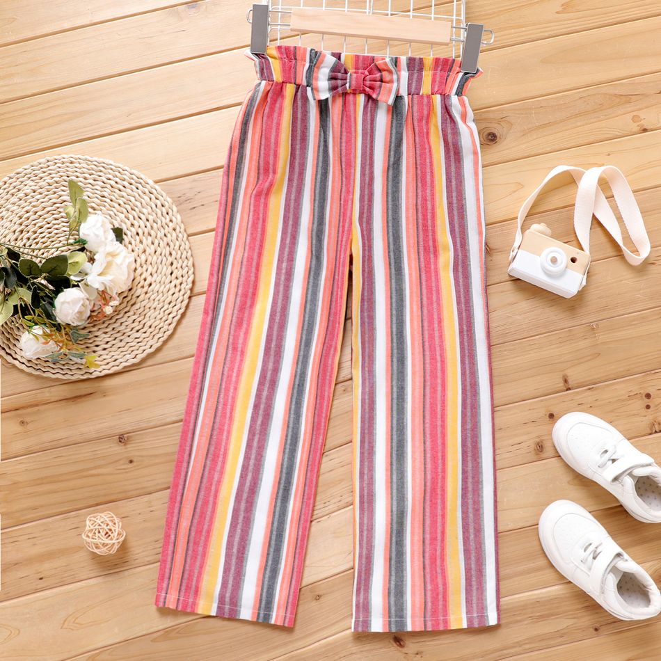 Kid Girl Stripe Bowknot Design Wide Leg Pants Multi-color