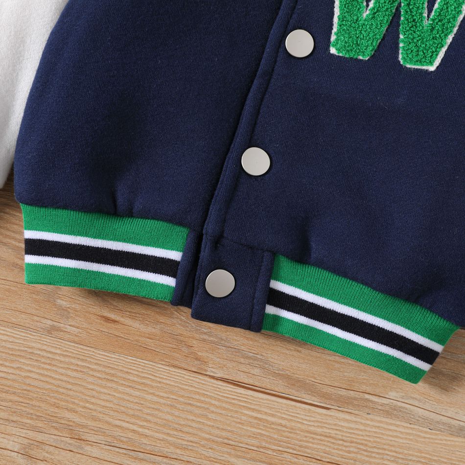 Baby Boy Letter Embroidered Colorblock Long-sleeve Bomber Jacket Dark Blue big image 4