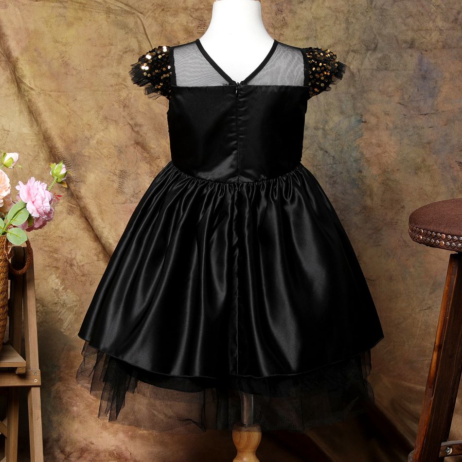 Kid Girl Sequined Mesh Splice Flutter-sleeve Black Party Evening Dress Black