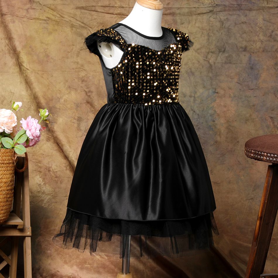 Kid Girl Sequined Mesh Splice Flutter-sleeve Black Party Evening Dress Black big image 2