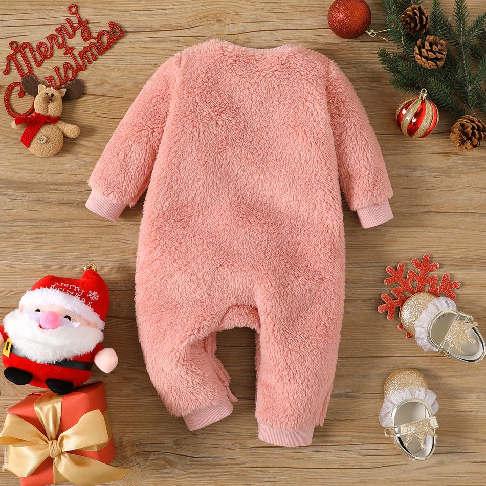 Christmas Baby Girl Deer & Letter Embroidered Long-sleeve Thermal Fuzzy Jumpsuit LightRed big image 2