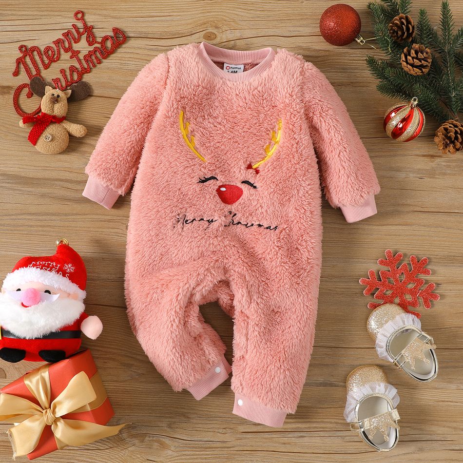 Christmas Baby Girl Deer & Letter Embroidered Long-sleeve Thermal Fuzzy Jumpsuit LightRed