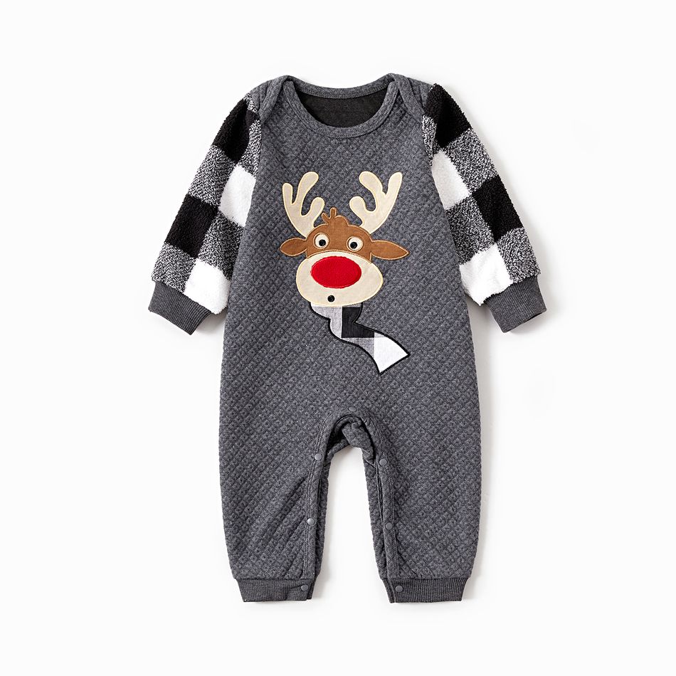 Christmas Family Matching Plaid Long-sleeve Spliced Reindeer Graphic Textured Sweatshirts Dark Grey big image 14