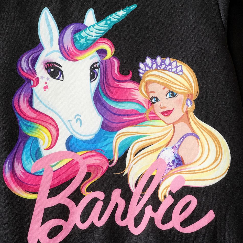 Barbie 2pcs Kid Girl Unicorn Letter Print Sweatshirt and Colorblock Pants Set Black big image 2