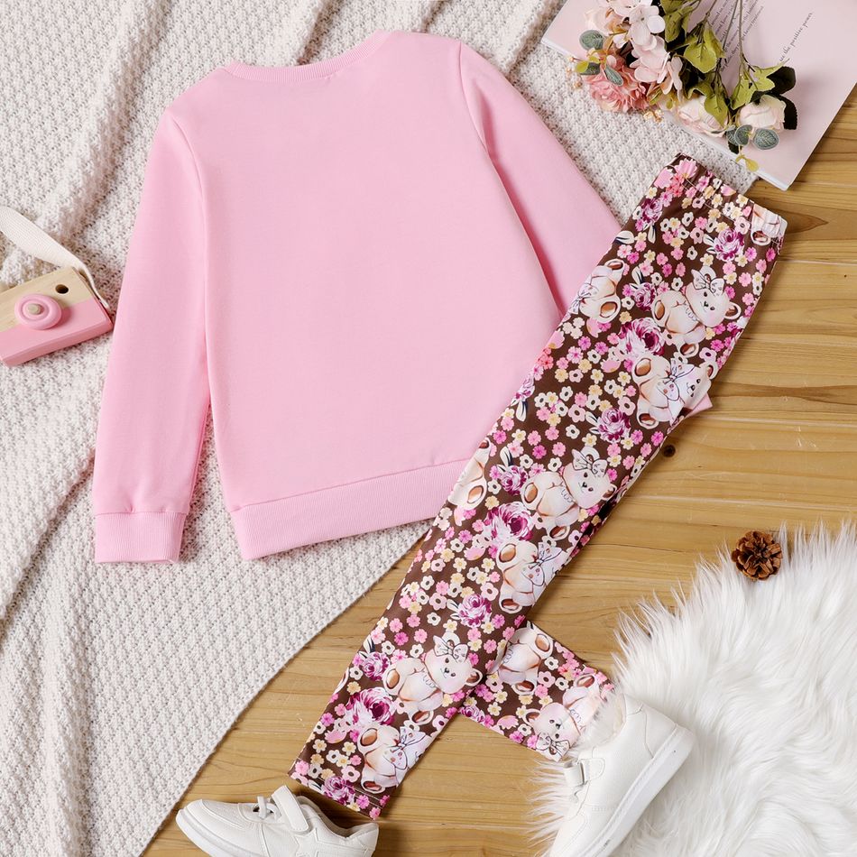 2pcs Kid Girl Bear Floral Embroidered 3D Bowknot Design Pink Sweatshirt and Leggings Set Pink big image 2