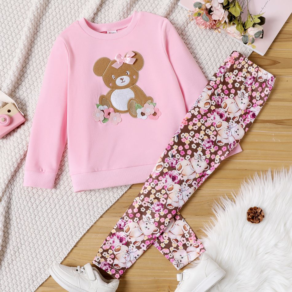 2pcs Kid Girl Bear Floral Embroidered 3D Bowknot Design Pink Sweatshirt and Leggings Set Pink big image 1